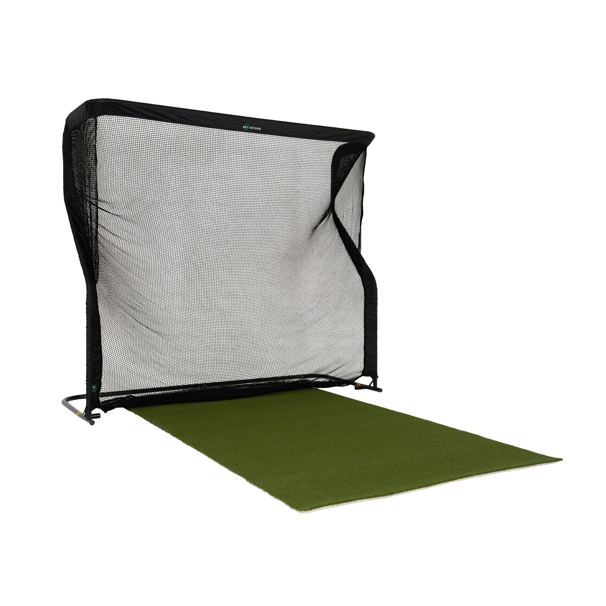 Golf practice net with green mat on a white background