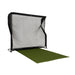 Golf practice net with green mat on a white background